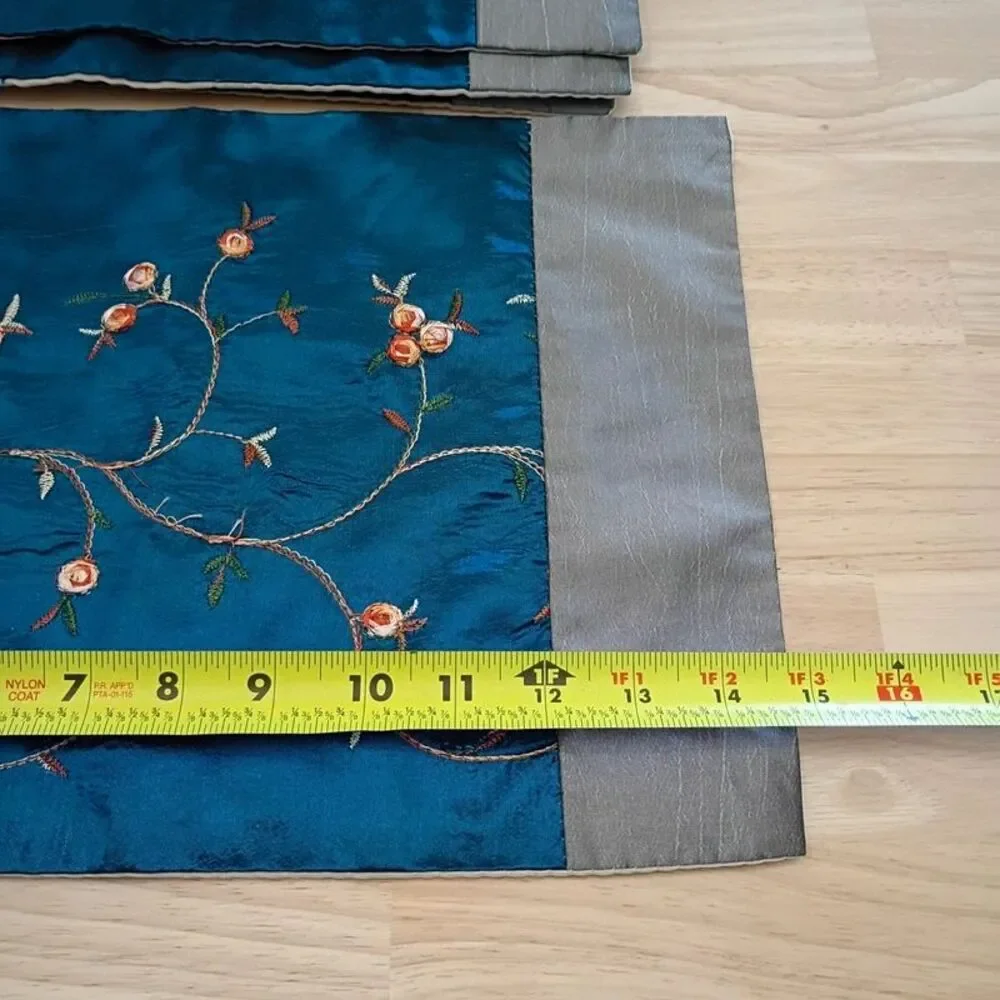 Set of 6 Royal Blue Fabric Placemat Toppers Floral Branch Embroidery